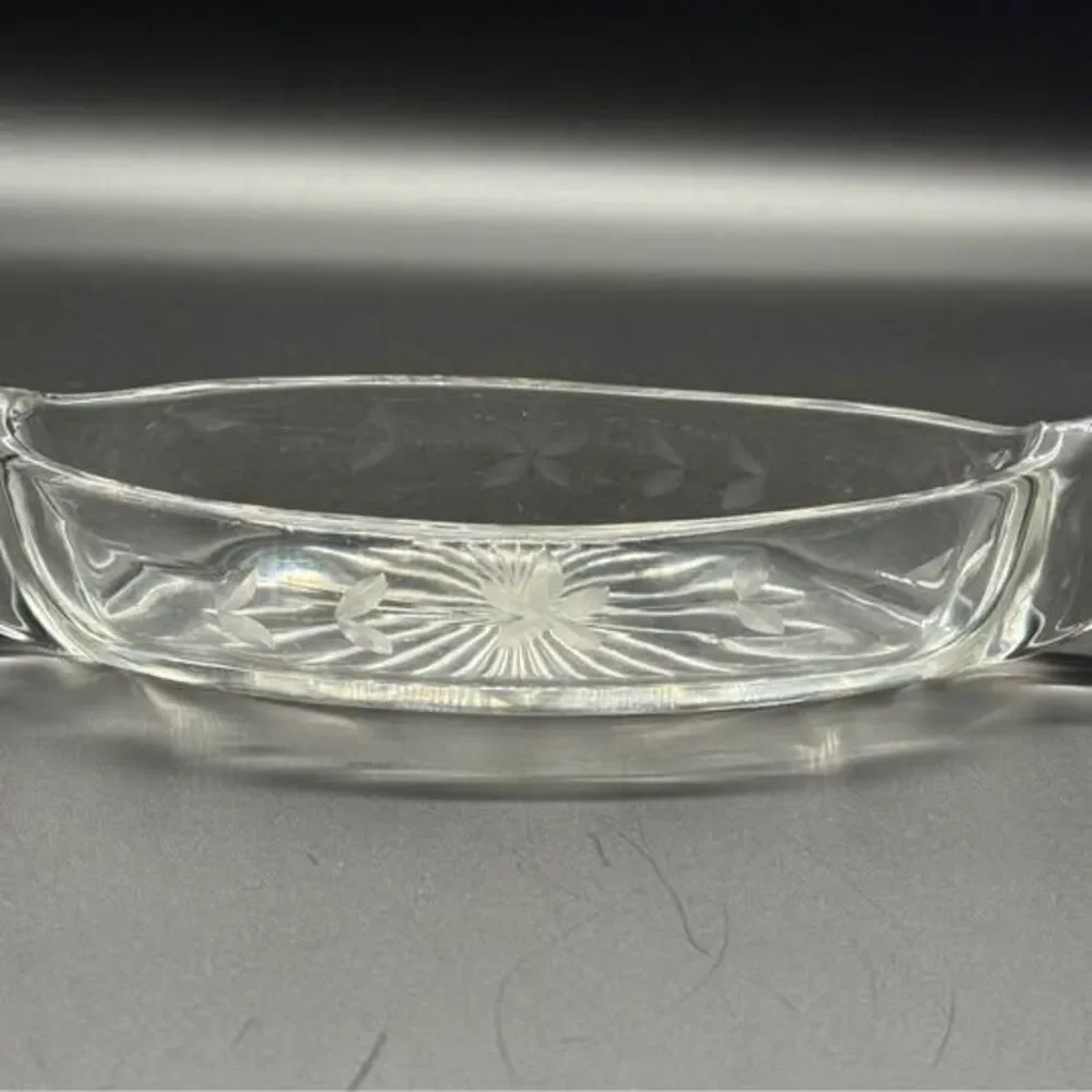 Vintage Manganese Glass Etched Canoe Shaped Relish Dish